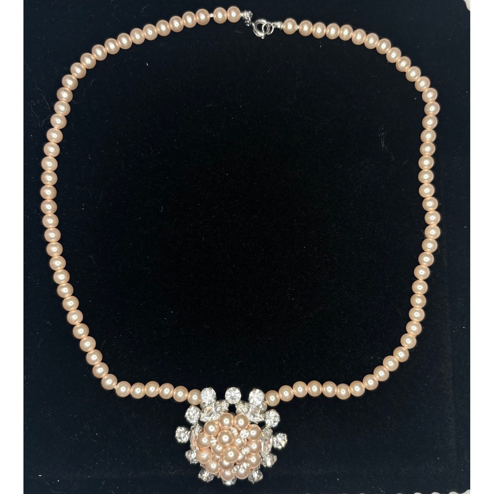 1950s Silver Tone Mid Century Acrylic Bead Faux Pearl Rhinestone Floral Necklace